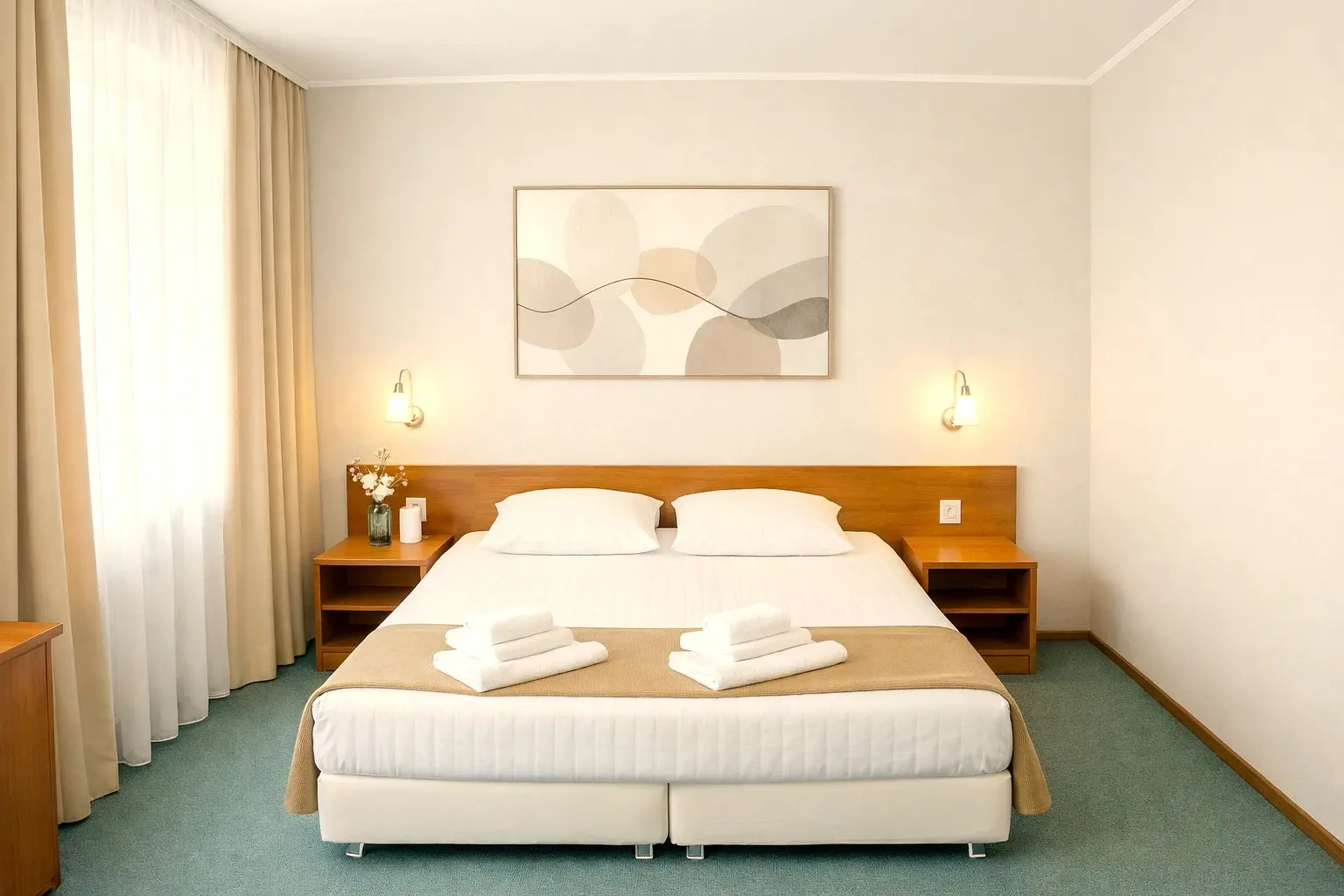 Elegant premium hotel room interior 'Standard' category in Saratov, king size bed with high-quality white linens, wooden furniture, warm evening lighting, soft textures, minimalist decor, 8k professional hospitality photography, cozy atmosphere.